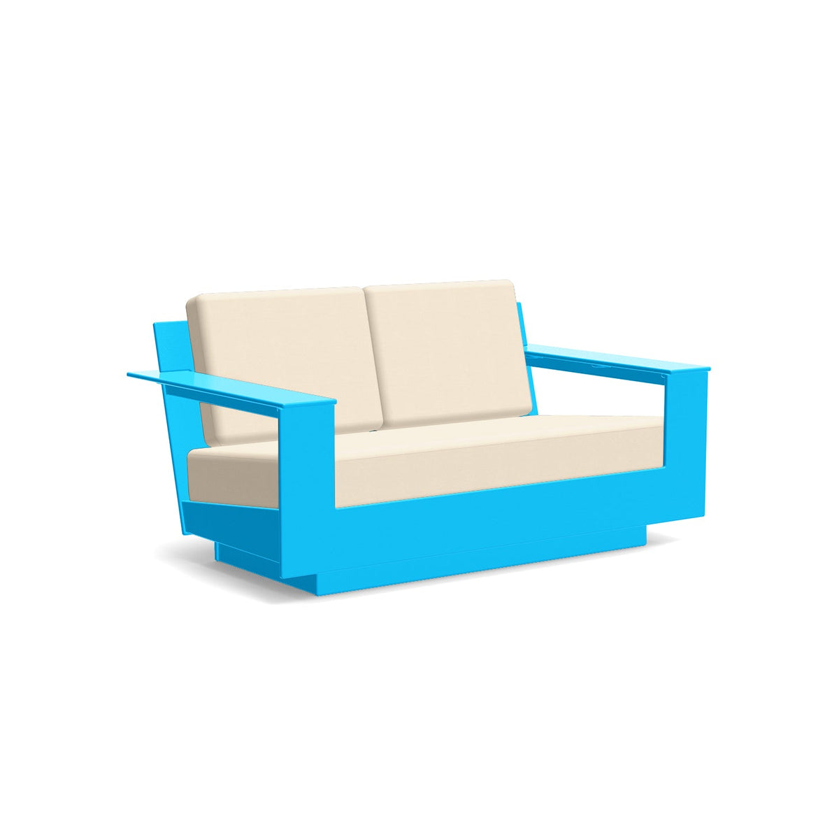 studio shot of nisswa loveseat in sky blue with flax cushion