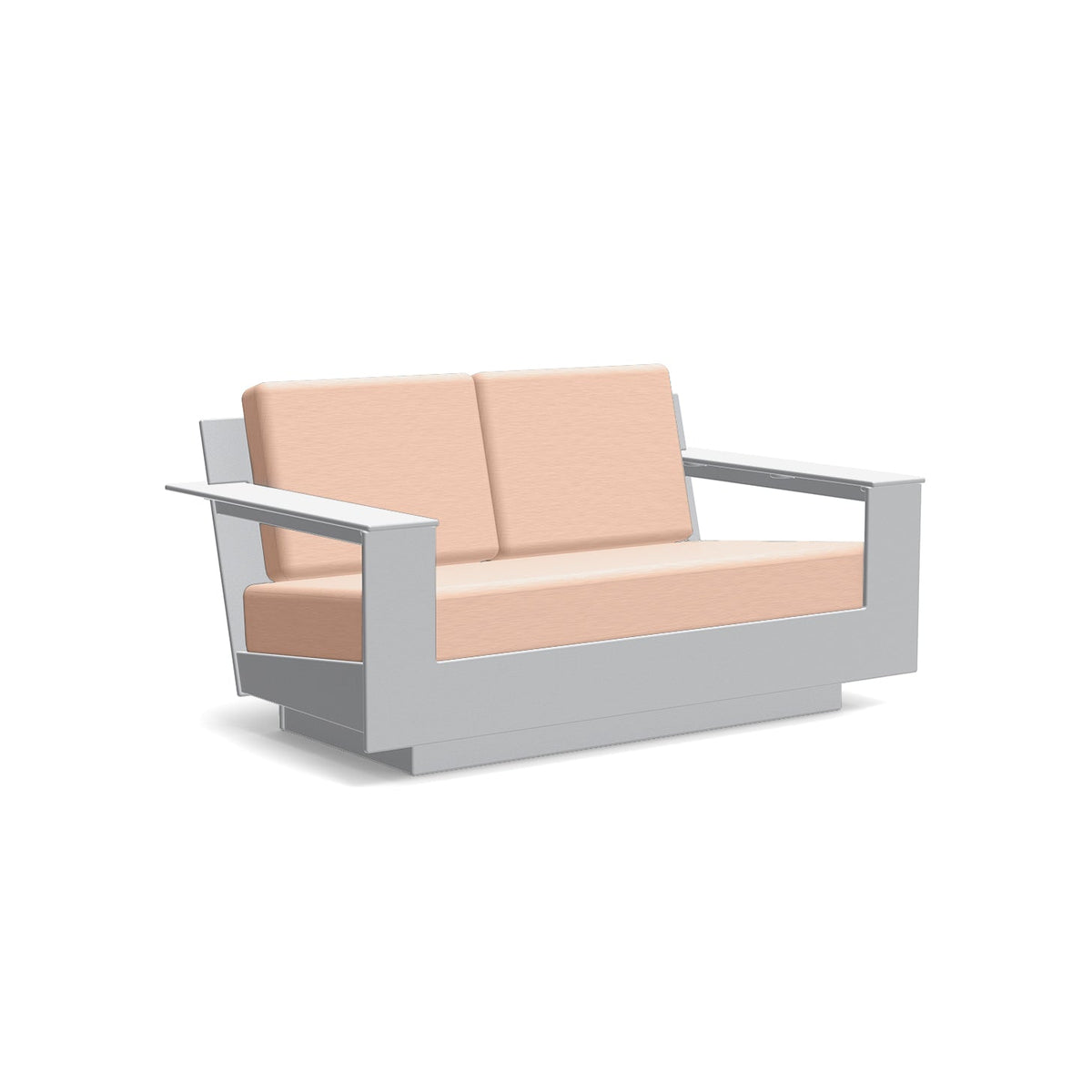 studio shot of nisswa loveseat in driftwood with cast petal cushion