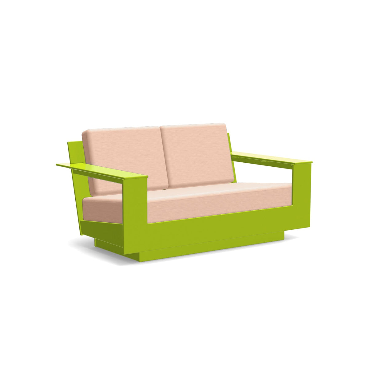 studio shot of nisswa loveseat in leaf green with cast petal cushion