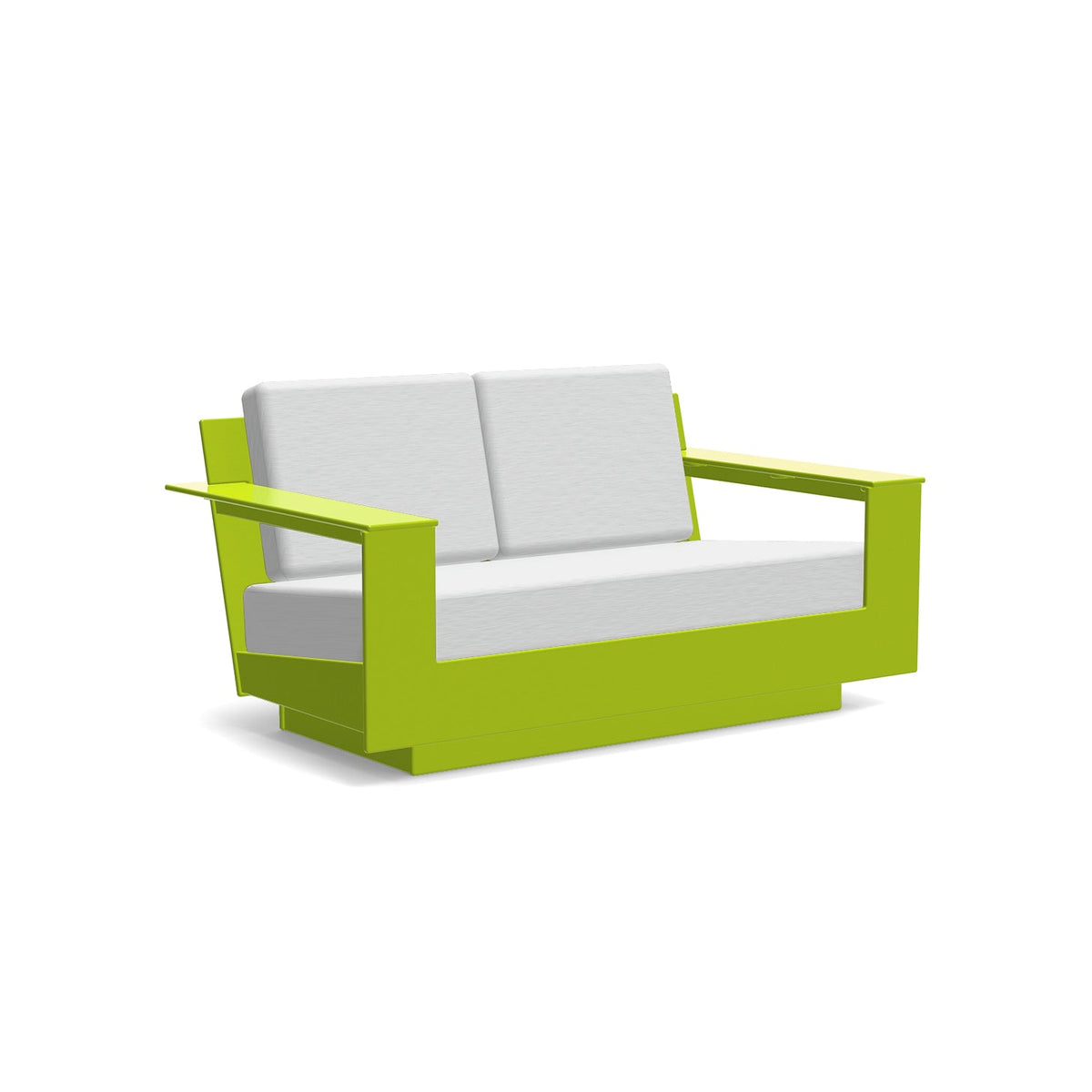 studio shot of nisswa loveseat in leaf green with silver cushion