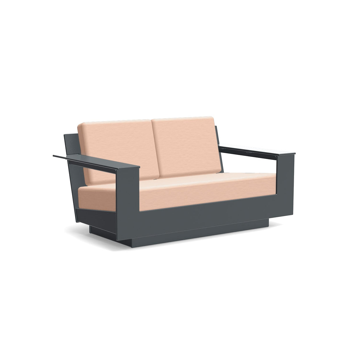studio shot of nisswa loveseat in charcoal with cast petal cushion