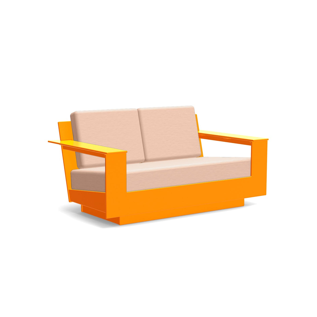 studio shot of nisswa loveseat in sunset orange with cast petal cushion