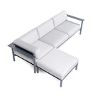 Aurora modular set up in an "L" with an ottoman, corner lounge, and left arm sofa with charcoal frame and cloud cushions
