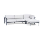 Front View: Aurora configuration set up in an "L" with a Right Arm Sofa, Corner Lounge, and Ottoman with Charcoal frame and Cloud cushions. 