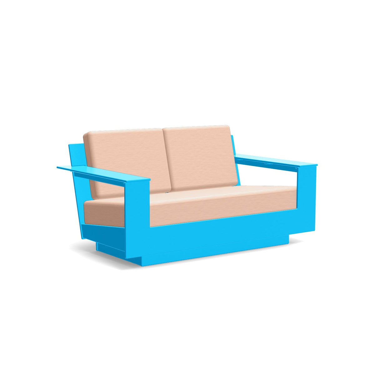 studio shot of nisswa loveseat in sky blue with cast petal cushion