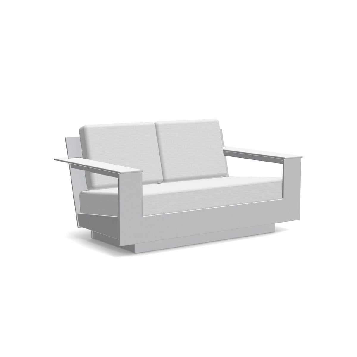 studio shot of nisswa loveseat in driftwood with silver cushion