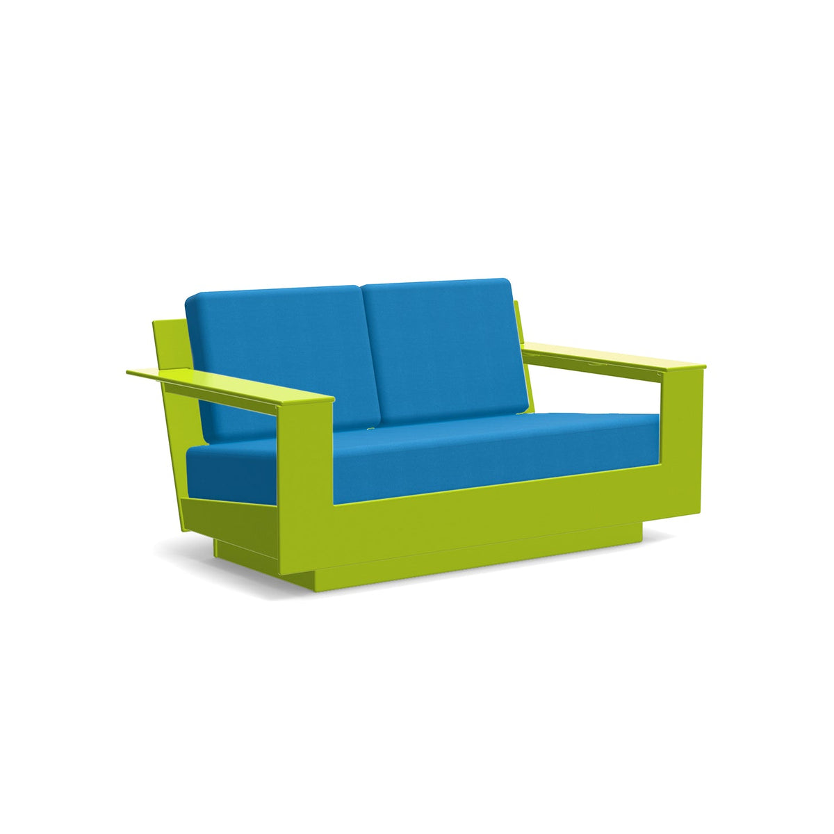studio shot of nisswa loveseat in leaf green with regatta blue cushion