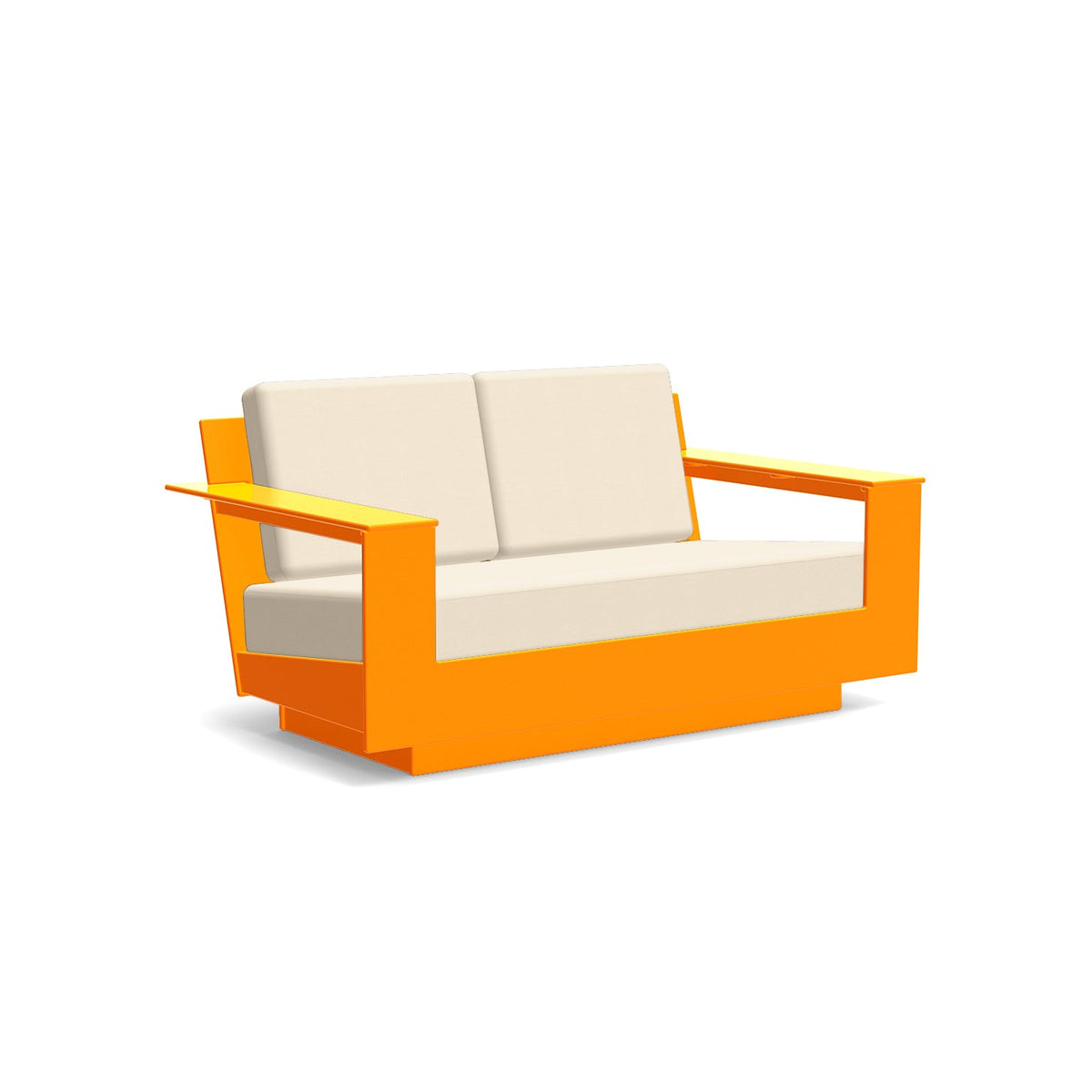 studio shot of nisswa loveseat in sunset orange with flax cushion