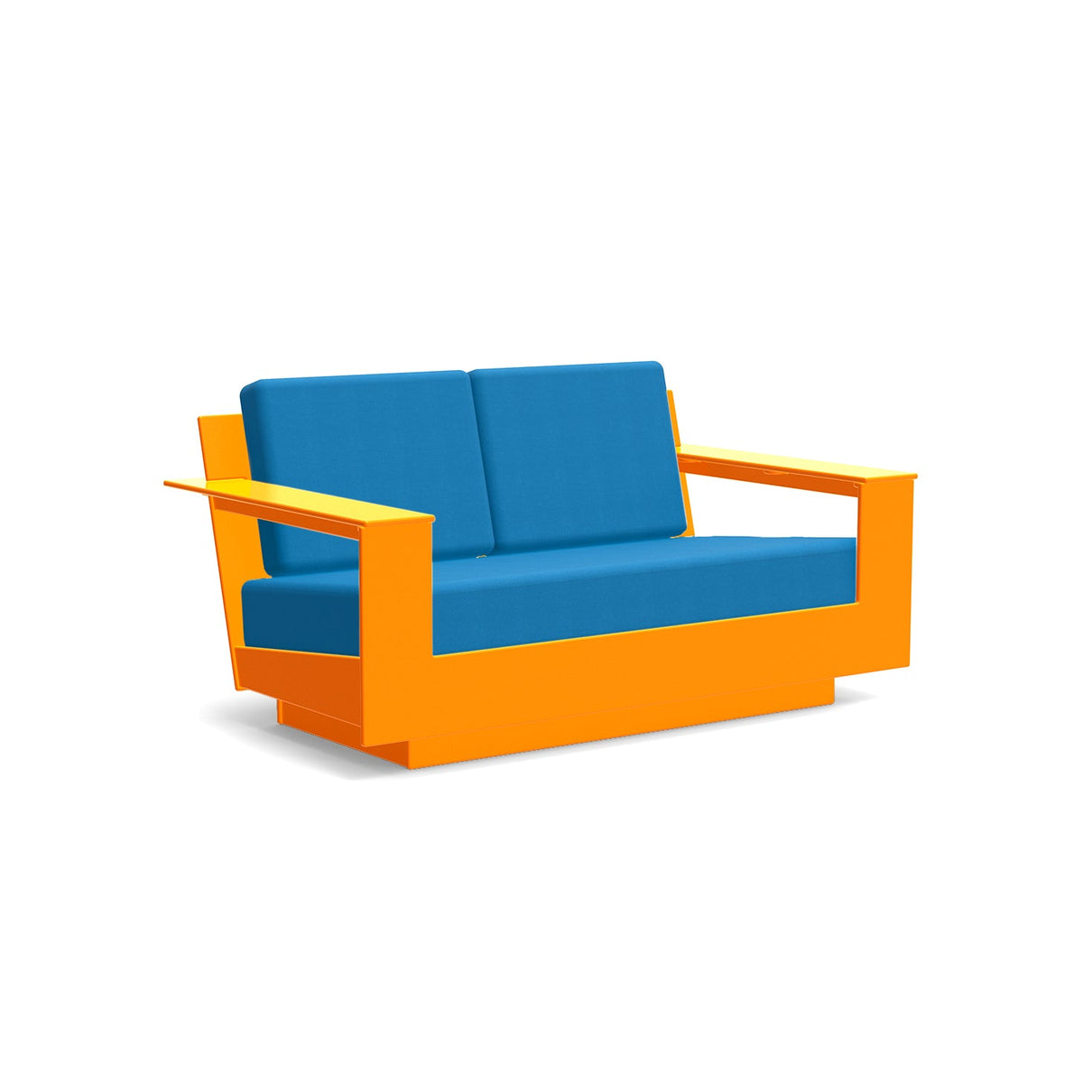 studio shot of nisswa loveseat in sunset orange with regatta blue cushion