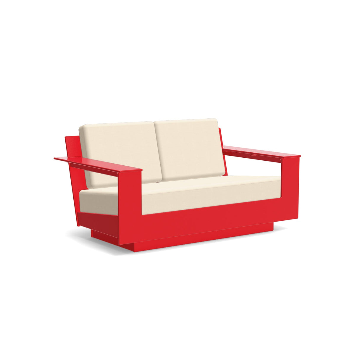 studio shot of nisswa loveseat in apple red with flax cushion