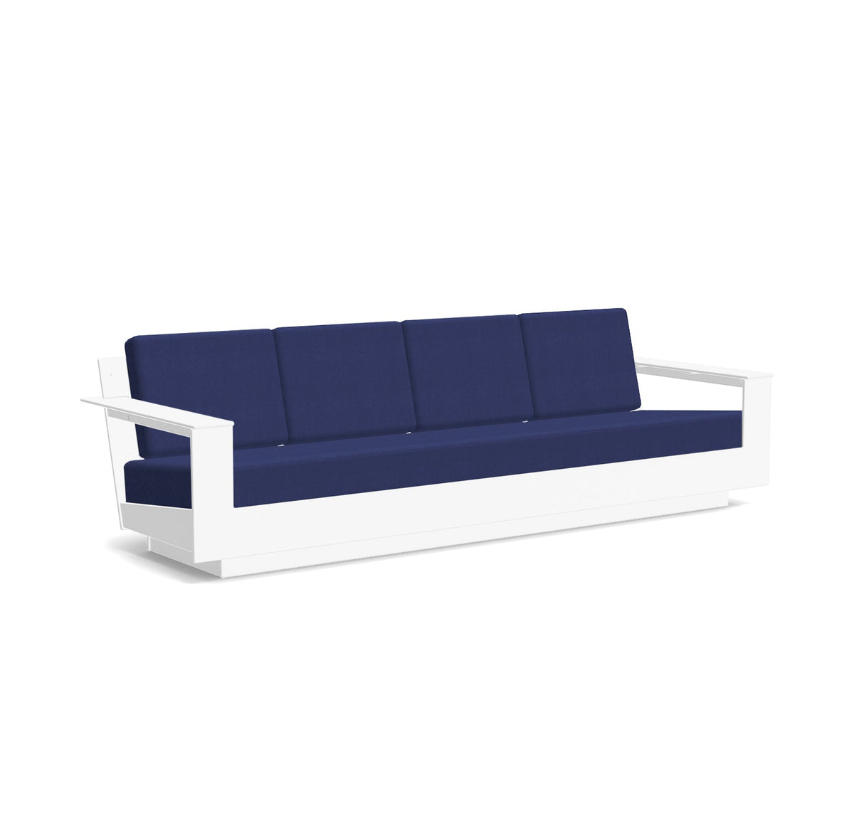 studio shot of nisswa 96 in white with navy cushion